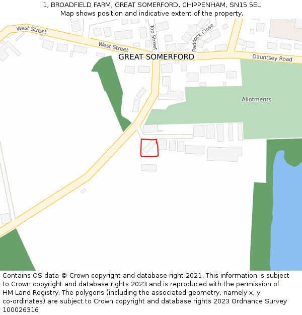 1, BROADFIELD FARM, GREAT SOMERFORD, CHIPPENHAM, SN15 5EL: Location map and indicative extent of plot