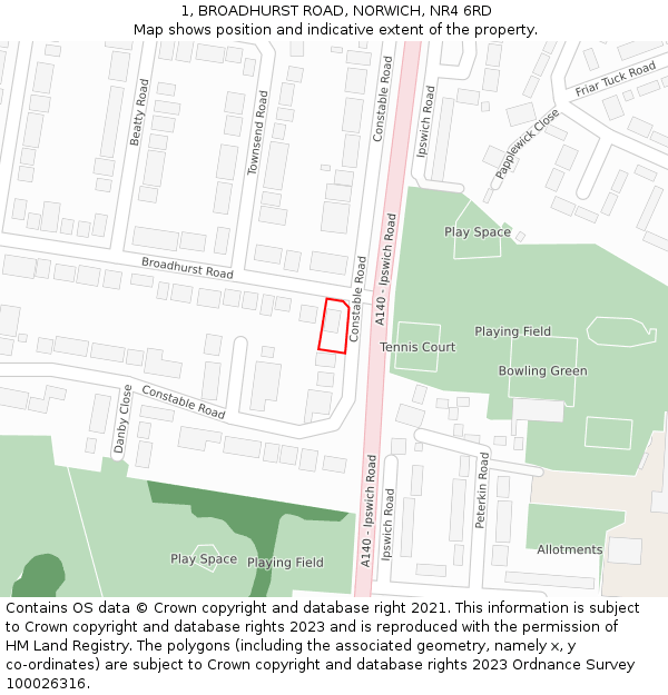 1, BROADHURST ROAD, NORWICH, NR4 6RD: Location map and indicative extent of plot