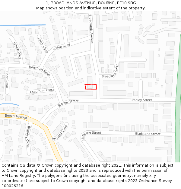 1, BROADLANDS AVENUE, BOURNE, PE10 9BG: Location map and indicative extent of plot