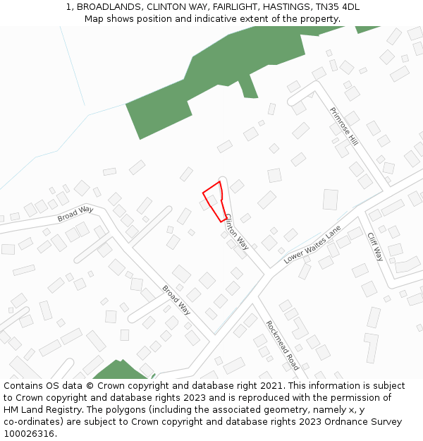 1, BROADLANDS, CLINTON WAY, FAIRLIGHT, HASTINGS, TN35 4DL: Location map and indicative extent of plot