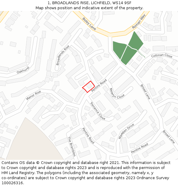 1, BROADLANDS RISE, LICHFIELD, WS14 9SF: Location map and indicative extent of plot