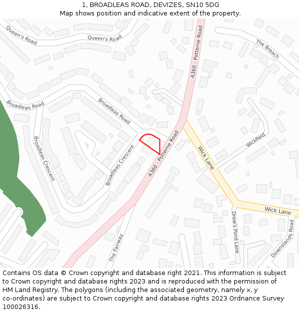 1, BROADLEAS ROAD, DEVIZES, SN10 5DG: Location map and indicative extent of plot