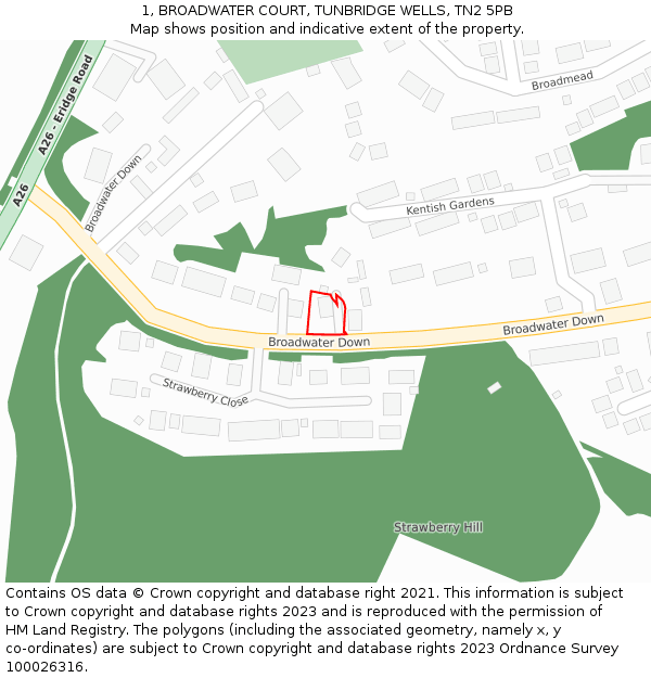 1, BROADWATER COURT, TUNBRIDGE WELLS, TN2 5PB: Location map and indicative extent of plot