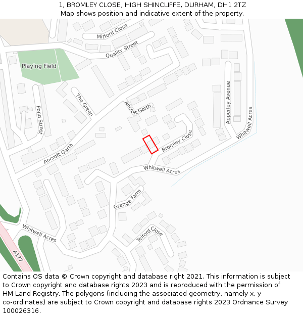 1, BROMLEY CLOSE, HIGH SHINCLIFFE, DURHAM, DH1 2TZ: Location map and indicative extent of plot