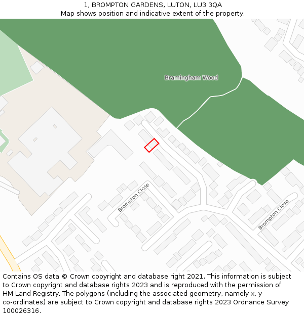 1, BROMPTON GARDENS, LUTON, LU3 3QA: Location map and indicative extent of plot