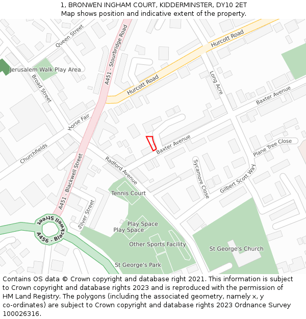 1, BRONWEN INGHAM COURT, KIDDERMINSTER, DY10 2ET: Location map and indicative extent of plot