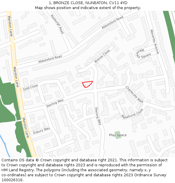 1, BRONZE CLOSE, NUNEATON, CV11 4YD: Location map and indicative extent of plot