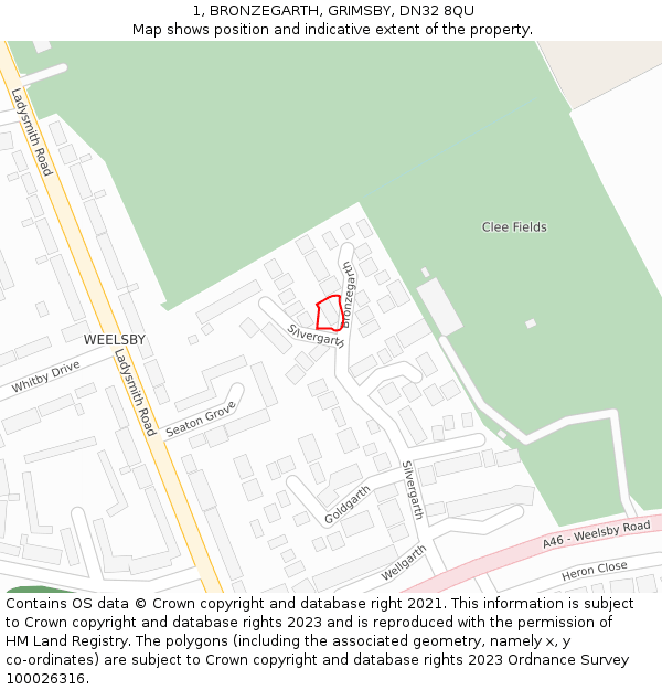 1, BRONZEGARTH, GRIMSBY, DN32 8QU: Location map and indicative extent of plot
