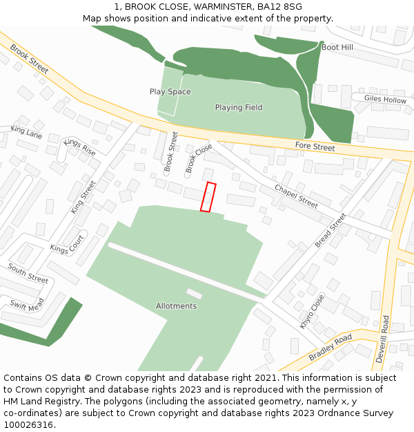 1, BROOK CLOSE, WARMINSTER, BA12 8SG: Location map and indicative extent of plot