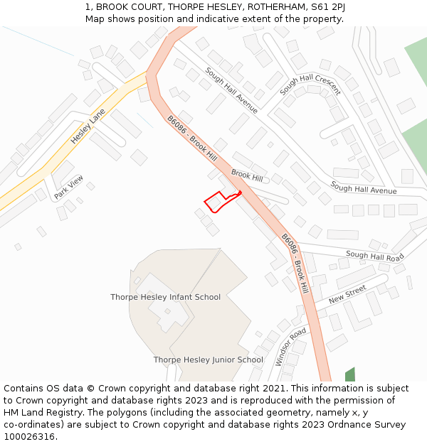 1, BROOK COURT, THORPE HESLEY, ROTHERHAM, S61 2PJ: Location map and indicative extent of plot