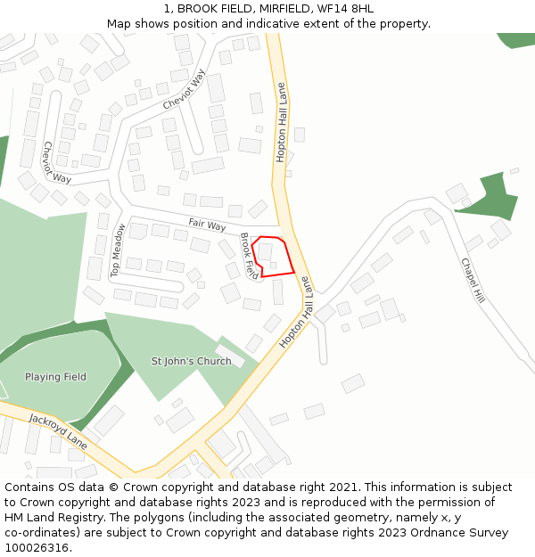 1, BROOK FIELD, MIRFIELD, WF14 8HL: Location map and indicative extent of plot