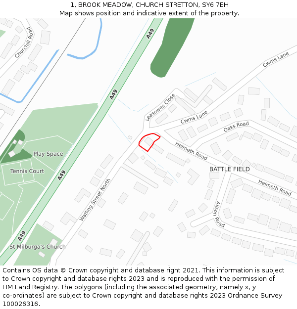 1, BROOK MEADOW, CHURCH STRETTON, SY6 7EH: Location map and indicative extent of plot