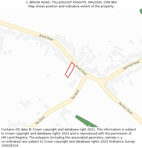 1, BROOK ROAD, TOLLESHUNT KNIGHTS, MALDON, CM9 8EX: Location map and indicative extent of plot