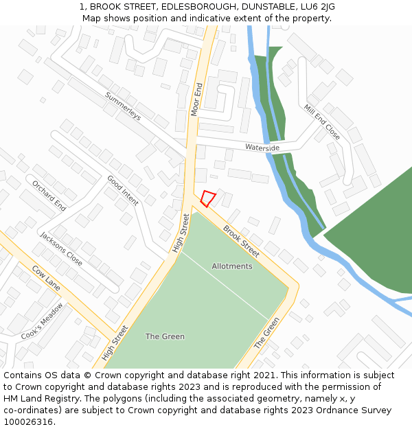 1, BROOK STREET, EDLESBOROUGH, DUNSTABLE, LU6 2JG: Location map and indicative extent of plot