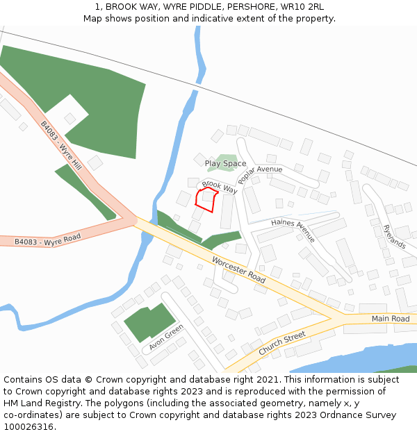 1, BROOK WAY, WYRE PIDDLE, PERSHORE, WR10 2RL: Location map and indicative extent of plot
