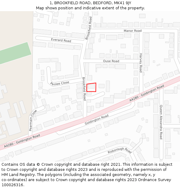 1, BROOKFIELD ROAD, BEDFORD, MK41 9JY: Location map and indicative extent of plot