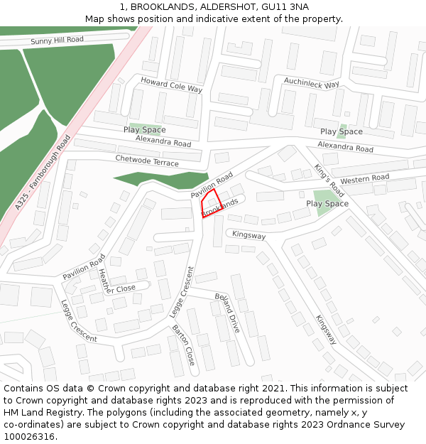 1, BROOKLANDS, ALDERSHOT, GU11 3NA: Location map and indicative extent of plot
