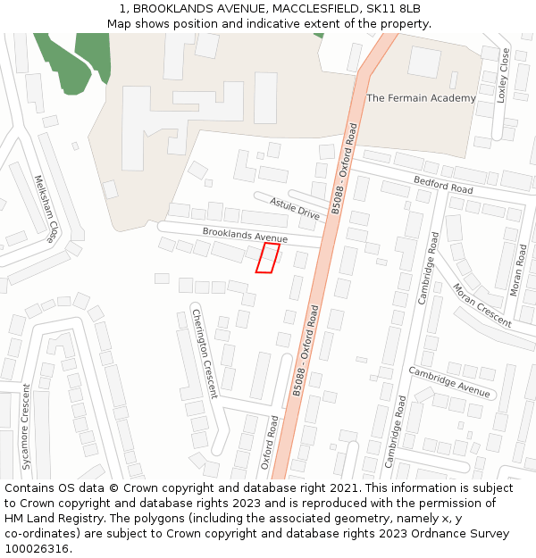 1, BROOKLANDS AVENUE, MACCLESFIELD, SK11 8LB: Location map and indicative extent of plot