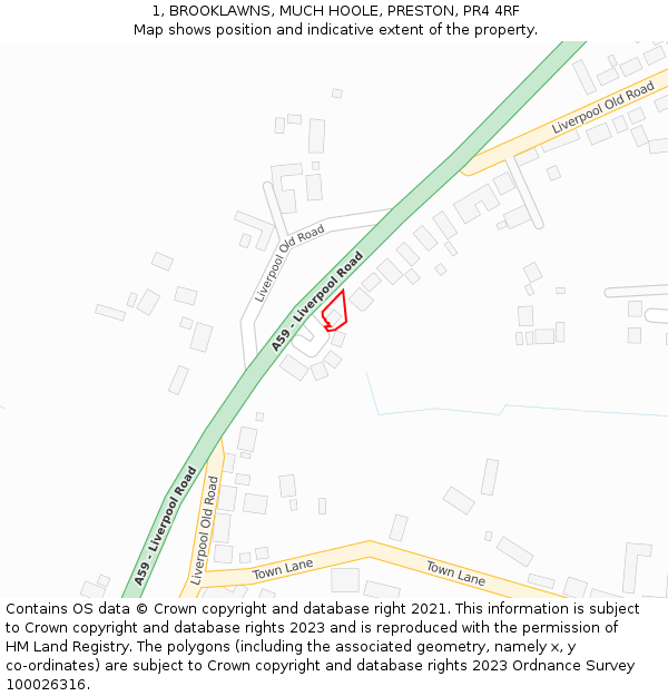 1, BROOKLAWNS, MUCH HOOLE, PRESTON, PR4 4RF: Location map and indicative extent of plot