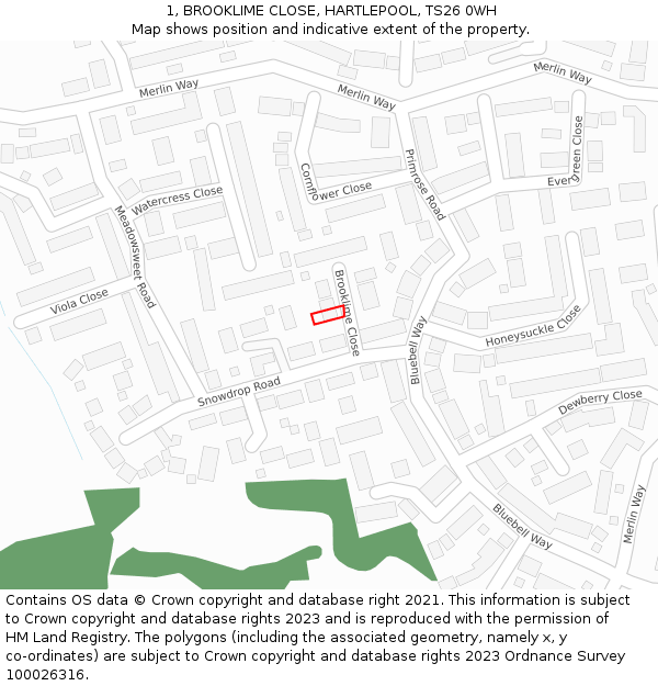 1, BROOKLIME CLOSE, HARTLEPOOL, TS26 0WH: Location map and indicative extent of plot