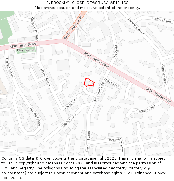 1, BROOKLYN CLOSE, DEWSBURY, WF13 4SG: Location map and indicative extent of plot