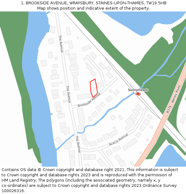 1, BROOKSIDE AVENUE, WRAYSBURY, STAINES-UPON-THAMES, TW19 5HB: Location map and indicative extent of plot