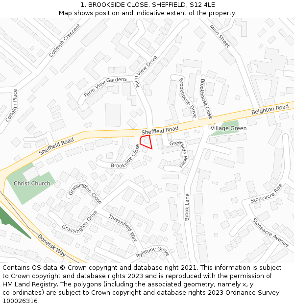 1, BROOKSIDE CLOSE, SHEFFIELD, S12 4LE: Location map and indicative extent of plot