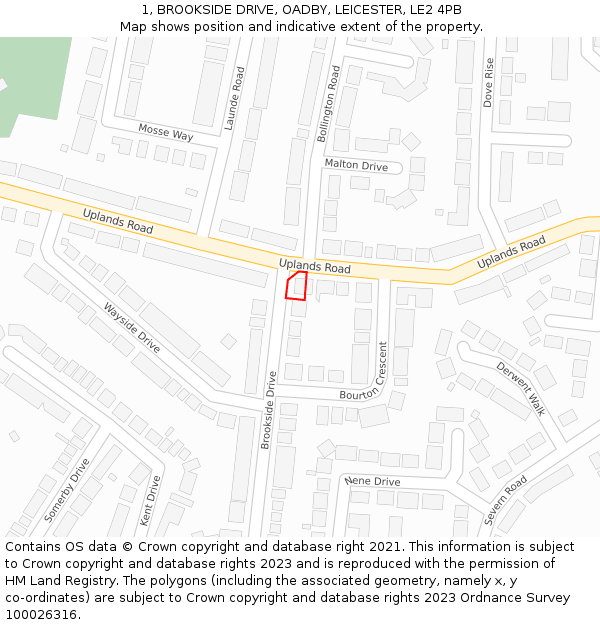 1, BROOKSIDE DRIVE, OADBY, LEICESTER, LE2 4PB: Location map and indicative extent of plot