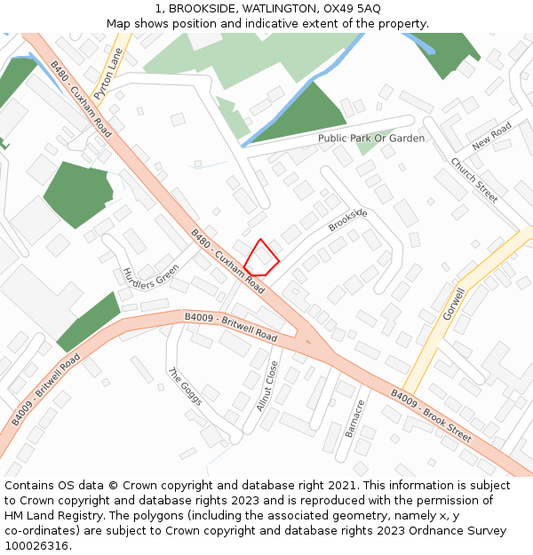 1, BROOKSIDE, WATLINGTON, OX49 5AQ: Location map and indicative extent of plot