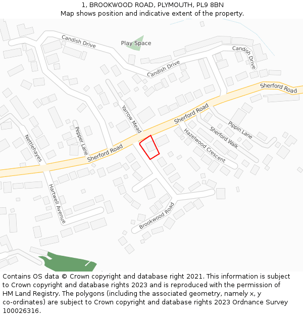 1, BROOKWOOD ROAD, PLYMOUTH, PL9 8BN: Location map and indicative extent of plot