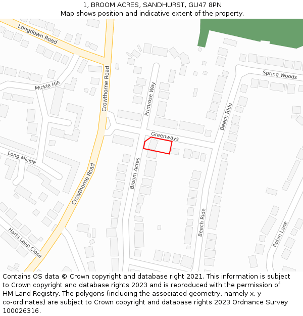 1, BROOM ACRES, SANDHURST, GU47 8PN: Location map and indicative extent of plot