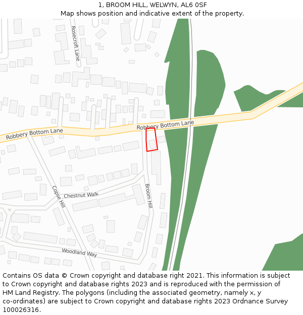 1, BROOM HILL, WELWYN, AL6 0SF: Location map and indicative extent of plot