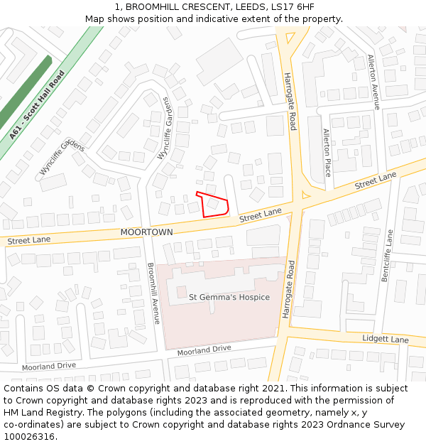 1, BROOMHILL CRESCENT, LEEDS, LS17 6HF: Location map and indicative extent of plot