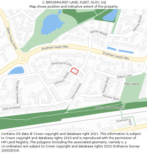 1, BROOMHURST LANE, FLEET, GU51 1HJ: Location map and indicative extent of plot