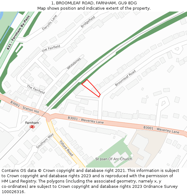 1, BROOMLEAF ROAD, FARNHAM, GU9 8DG: Location map and indicative extent of plot