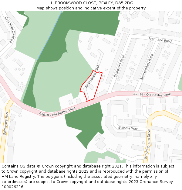 1, BROOMWOOD CLOSE, BEXLEY, DA5 2DG: Location map and indicative extent of plot