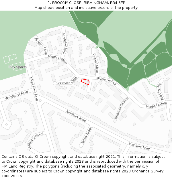 1, BROOMY CLOSE, BIRMINGHAM, B34 6EP: Location map and indicative extent of plot