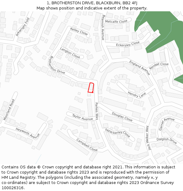 1, BROTHERSTON DRIVE, BLACKBURN, BB2 4FJ: Location map and indicative extent of plot