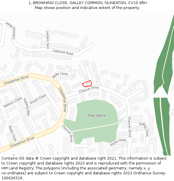 1, BROWNING CLOSE, GALLEY COMMON, NUNEATON, CV10 9RH: Location map and indicative extent of plot