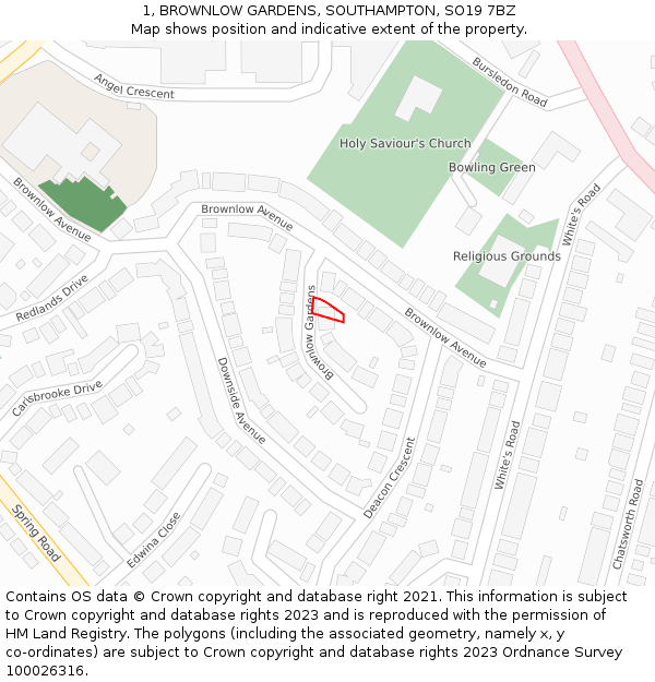 1, BROWNLOW GARDENS, SOUTHAMPTON, SO19 7BZ: Location map and indicative extent of plot