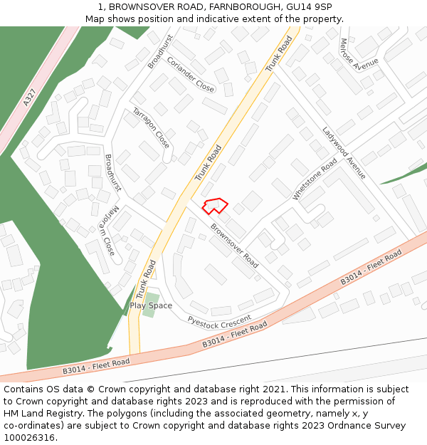 1, BROWNSOVER ROAD, FARNBOROUGH, GU14 9SP: Location map and indicative extent of plot