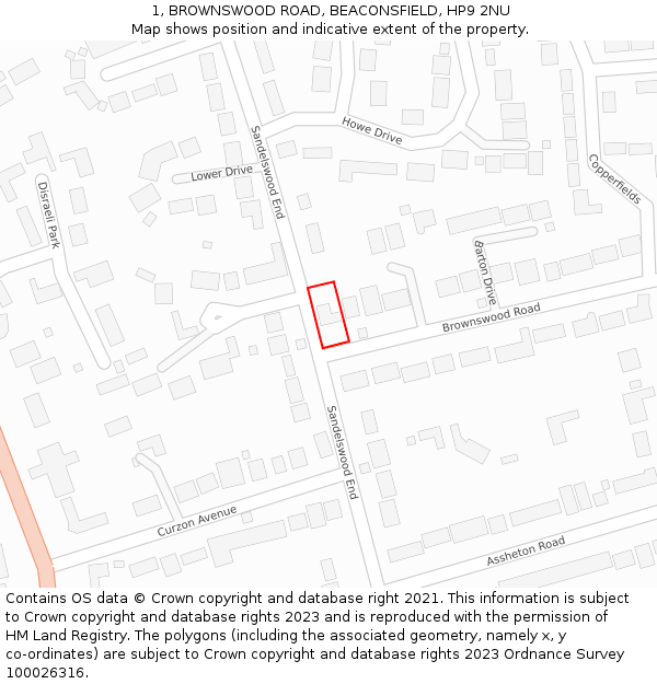 1, BROWNSWOOD ROAD, BEACONSFIELD, HP9 2NU: Location map and indicative extent of plot