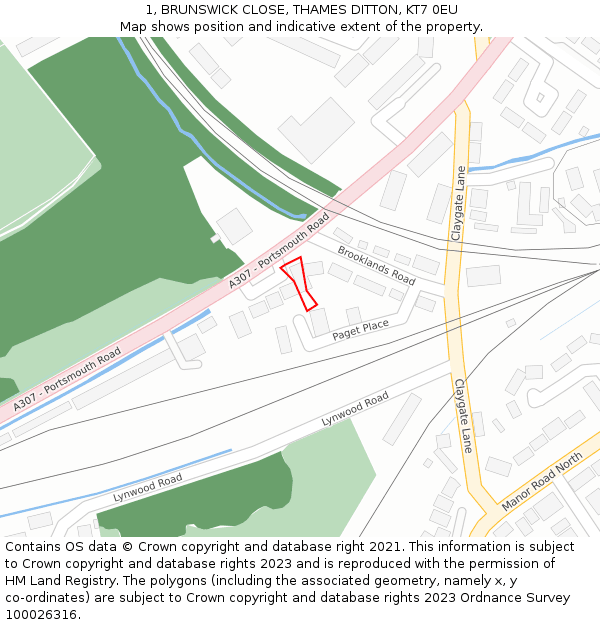 1, BRUNSWICK CLOSE, THAMES DITTON, KT7 0EU: Location map and indicative extent of plot