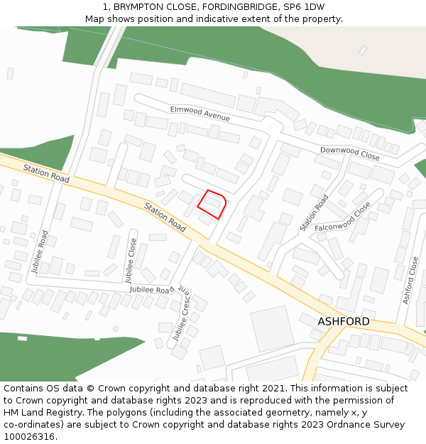 1, BRYMPTON CLOSE, FORDINGBRIDGE, SP6 1DW: Location map and indicative extent of plot