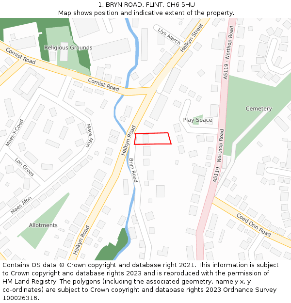 1, BRYN ROAD, FLINT, CH6 5HU: Location map and indicative extent of plot