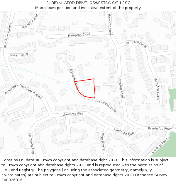 1, BRYNHAFOD DRIVE, OSWESTRY, SY11 1SG: Location map and indicative extent of plot