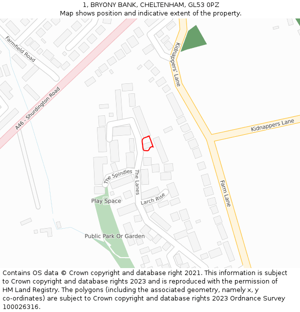 1, BRYONY BANK, CHELTENHAM, GL53 0PZ: Location map and indicative extent of plot
