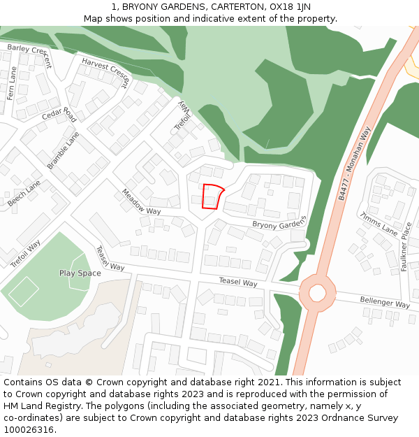 1, BRYONY GARDENS, CARTERTON, OX18 1JN: Location map and indicative extent of plot