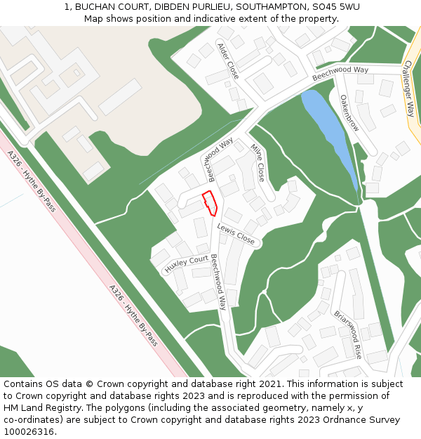1, BUCHAN COURT, DIBDEN PURLIEU, SOUTHAMPTON, SO45 5WU: Location map and indicative extent of plot