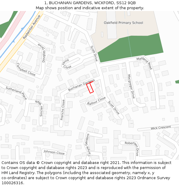 1, BUCHANAN GARDENS, WICKFORD, SS12 9QB: Location map and indicative extent of plot